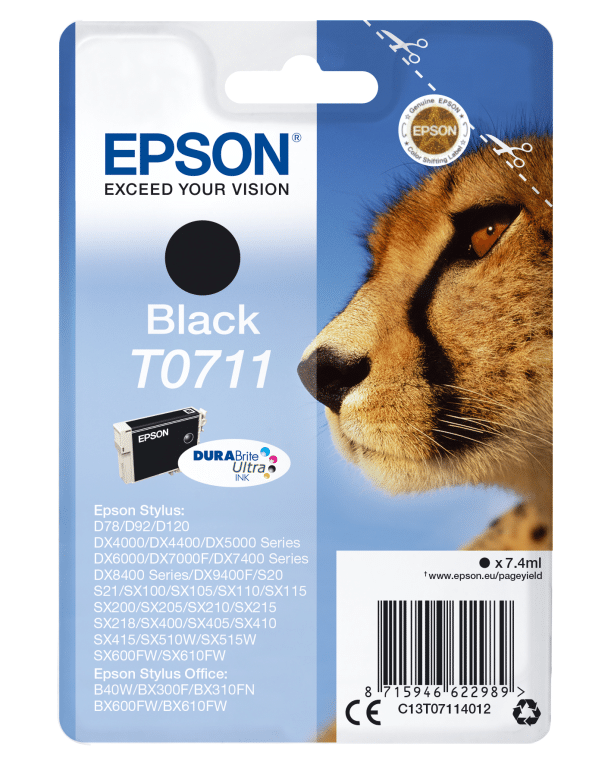 Epson Cheetah Singlepack Black T0711 DURABrite Ultra Ink cartucho de tinta 1 pieza(s) Original Rendimiento estándar