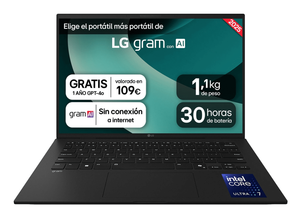LG Gram 14Z90T-G.AD8BB ordenador portatil Intel Core Ultra 7 255H Portátil 35,6 cm (14") WUXGA 32 GB LPDDR5x-SDRAM 2 TB SSD Wi-Fi 6E (802.11ax) Windows 11 Home Español Negro
